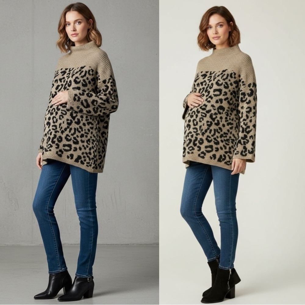 Isabel Maternity Women’s Pullover Funnel Neck Sweater Leopard Print Size XL